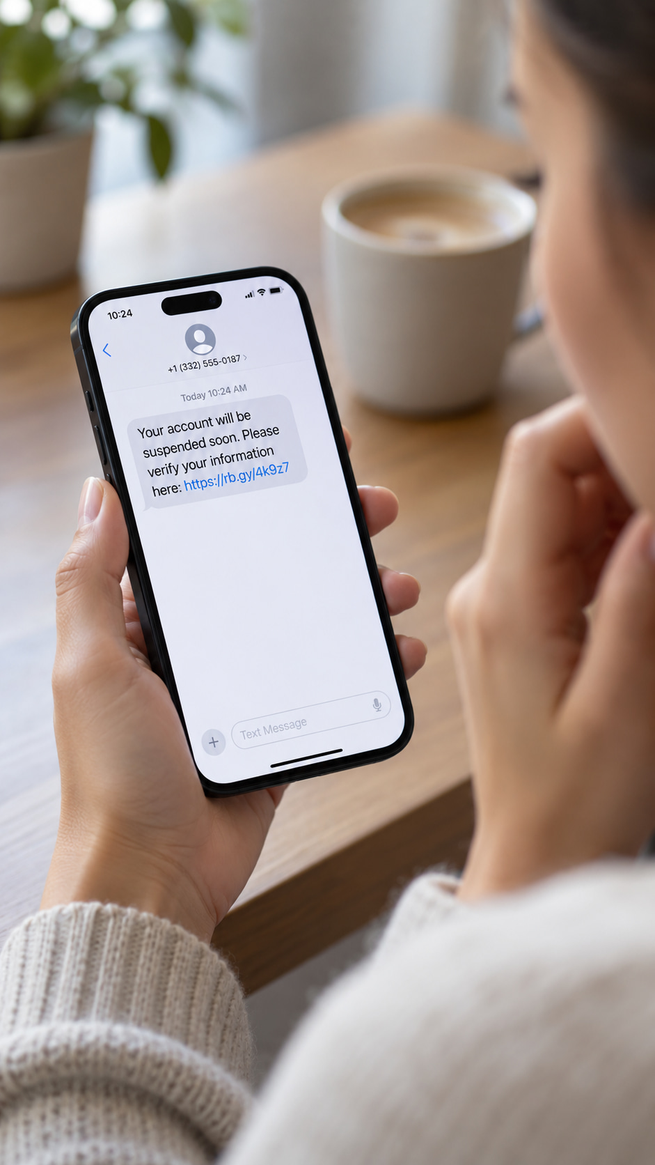 Woman reading a suspicious text message on her phone at home