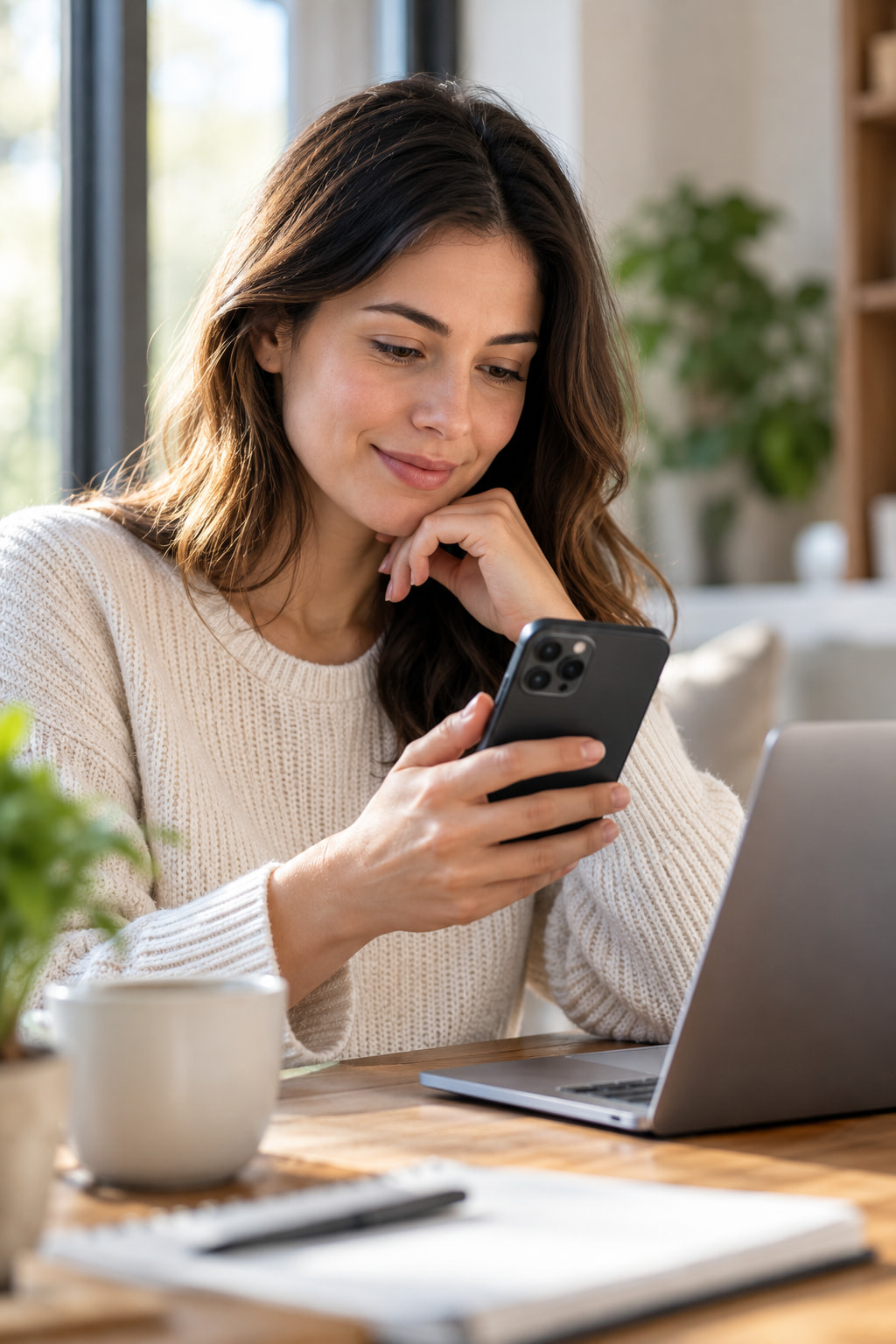 Woman relaxing at home with her phone and laptop